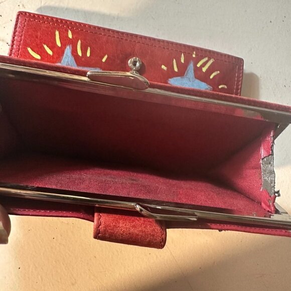Fossil Genuine Leather Red Wallet Stars Graffiti Handmade Upcycle Vintage Purse - Picture 7 of 10